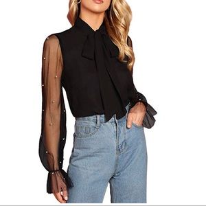 Chiffon Sheer Pearl Detail Bow Neck Mesh Blouse